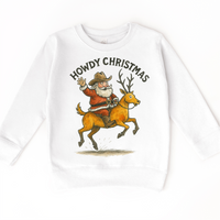 Howdy Christmas Rodeo Santa on white kids sweatshirt