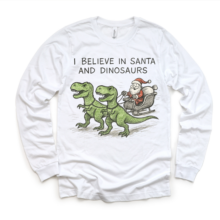 I Believe In Santa And Dinosaurs Christmas T-Shirt - Sketch Art Tee