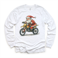 Santa Riding A Motocross Dirt Bike design on a long sleeve shirt.
