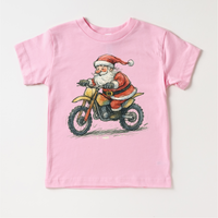 Santa Riding A Motocross Dirt Bike design on a pink garment.
