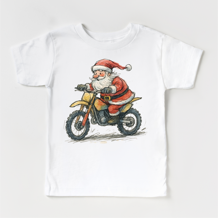 Santa Riding A Motocross Dirt Bike T-Shirt - Kids Christmas Tee