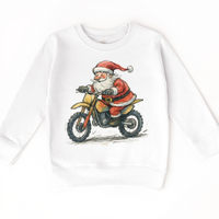 Santa Riding A Motocross Dirt Bike design on a white sweatshirt.