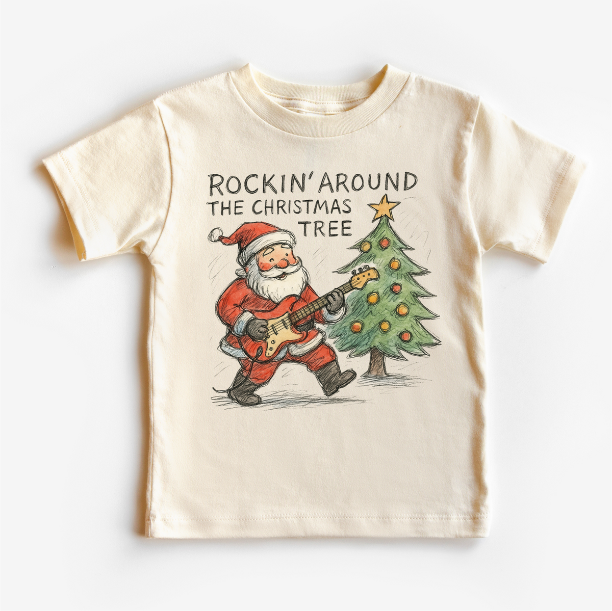 Rockin' Around The Christmas Tree design on a natural garment.