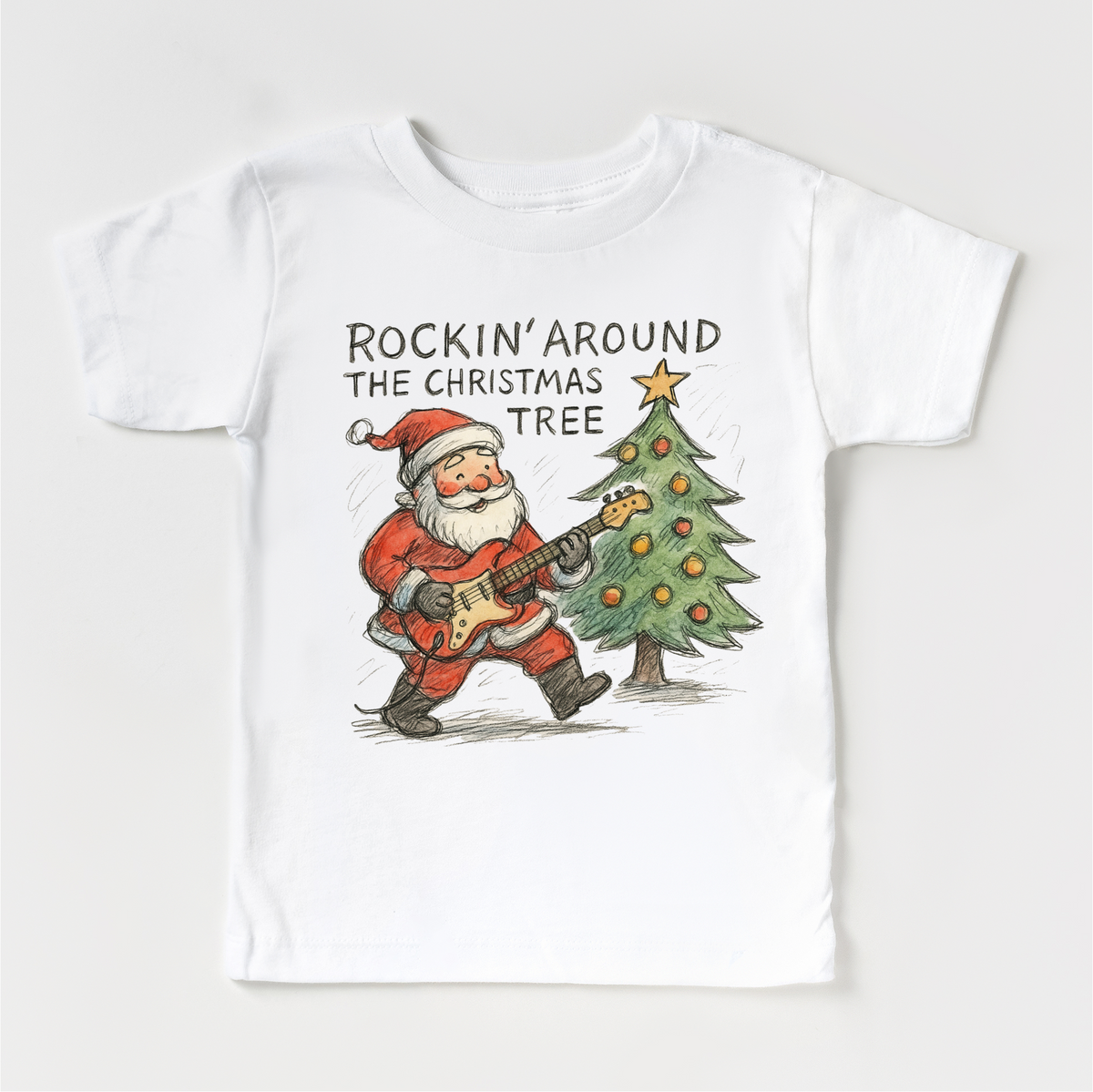 Rockin' Around The Christmas Tree design on a white garment.