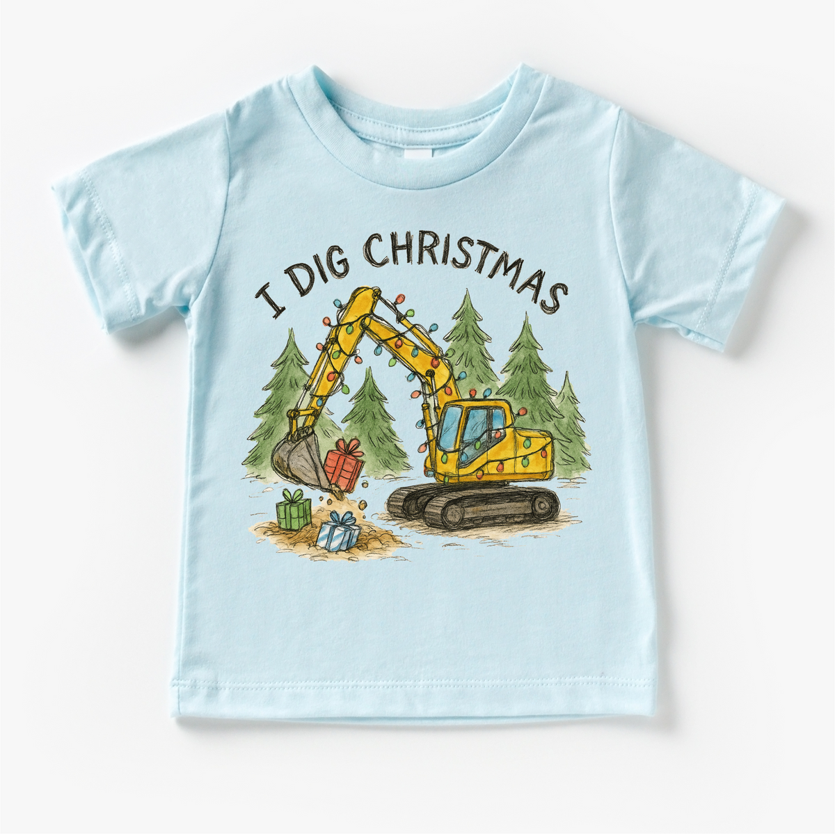 I Dig Christmas Excavator design on a blue garment.