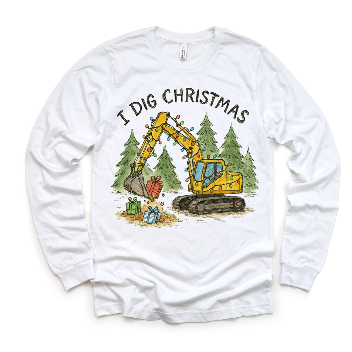 I Dig Christmas Excavator design on a long sleeve shirt.