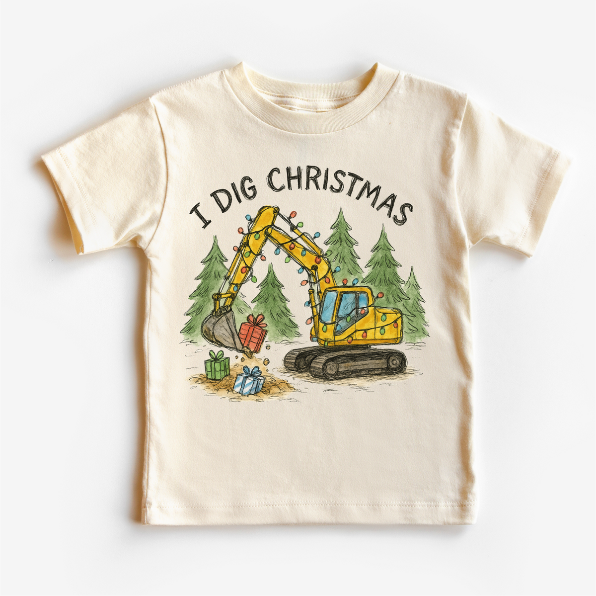 I Dig Christmas Excavator design on a natural garment.
