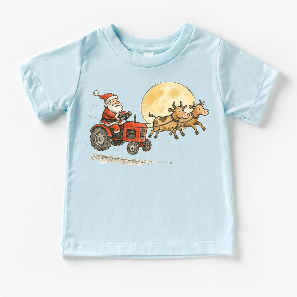 Santa Tractor And Cows Farm design on a blue garment.