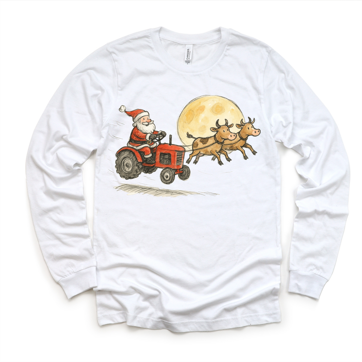 Santa Tractor And Cows Farm design on a long sleeve shirt.