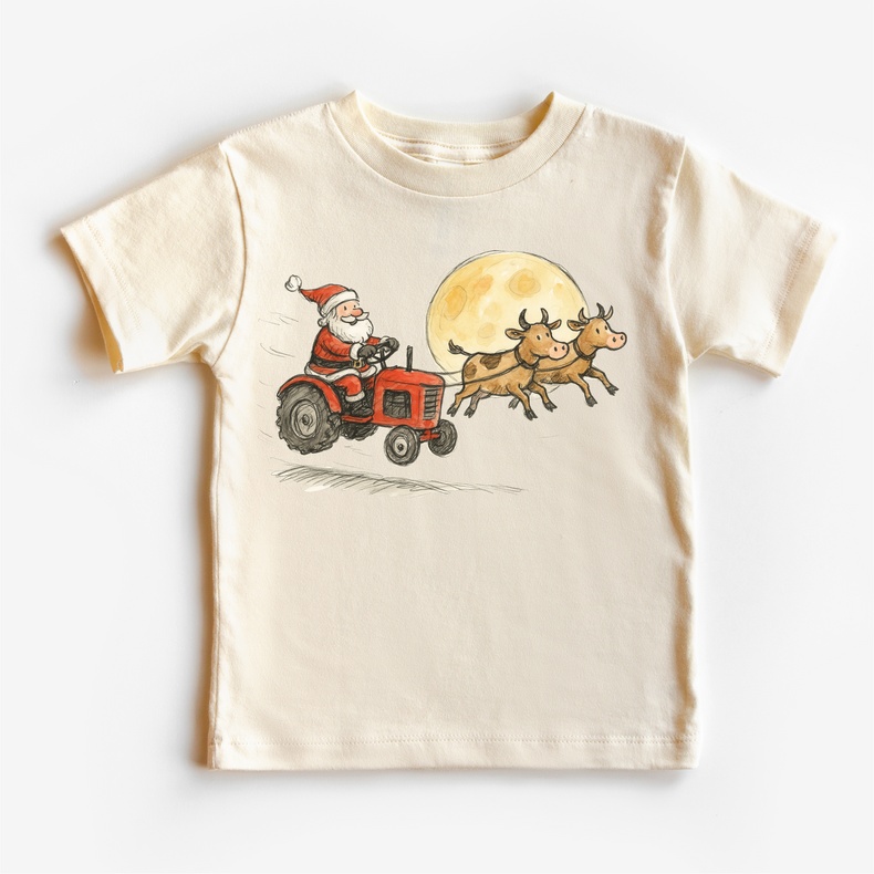 Santa Tractor And Cows Farm T-Shirt - Kids Country Christmas Tee