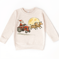 Santa Tractor And Cows Farm design on a natural sweatshirt.