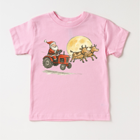 Santa Tractor And Cows Farm design on a pink garment.