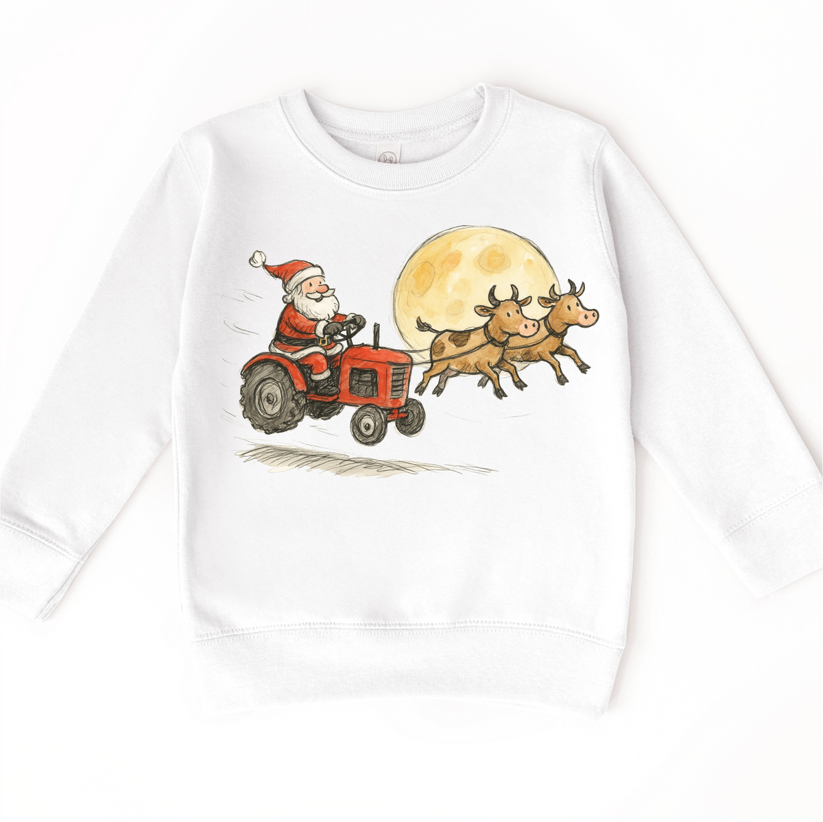 Santa Tractor And Cows Farm design on a white sweatshirt.