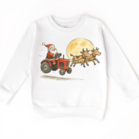 Santa Tractor And Cows Farm design on a white sweatshirt.