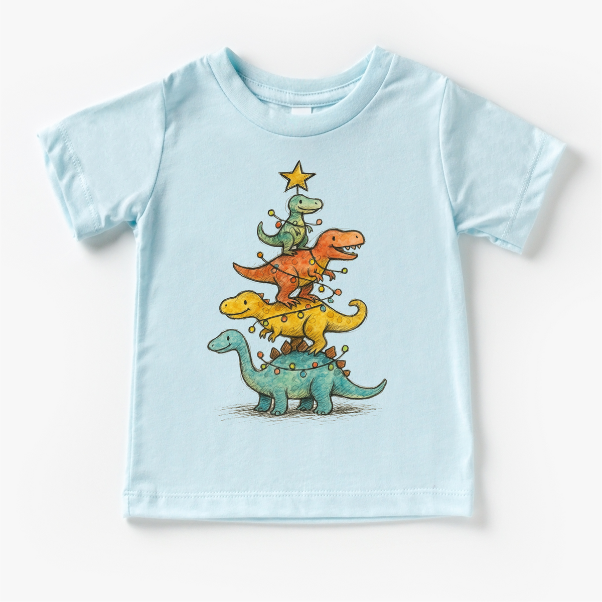 Dinosaur T-Rex Christmas Tree design on a blue garment.