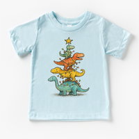 Dinosaur T-Rex Christmas Tree design on a blue garment.