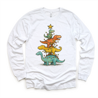 Dinosaur T-Rex Christmas Tree design on a long sleeve shirt.