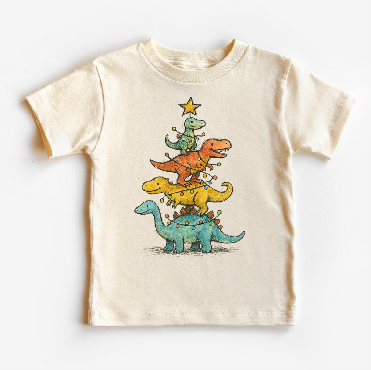 Dinosaur T-Rex Christmas Tree design on a natural garment.