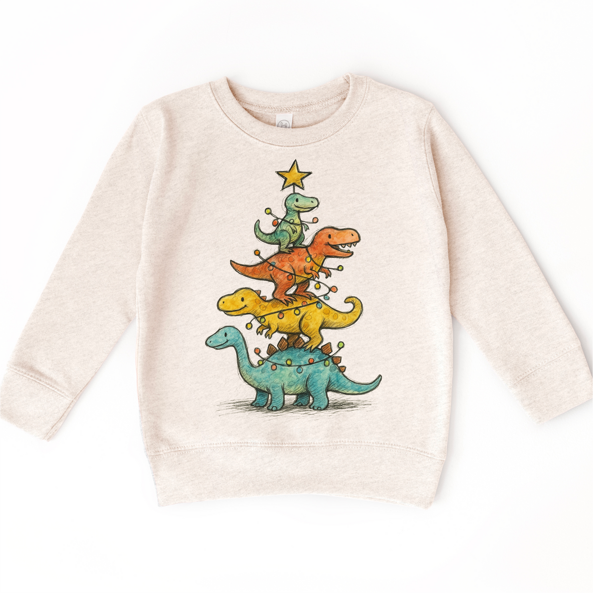 Dinosaur T-Rex Christmas Tree T-Shirt product design and garment details.