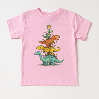 Dinosaur T-Rex Christmas Tree design on a pink garment.