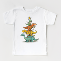 Dinosaur T-Rex Christmas Tree design on a white garment.
