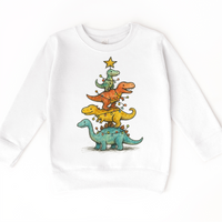 Dinosaur T-Rex Christmas Tree design on a white sweatshirt.