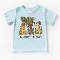Merry Catmas Kitty Cat Christmas Tree design on a blue garment.