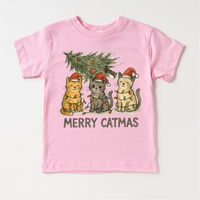Merry Catmas Kitty Cat Christmas Tree design on a pink garment.