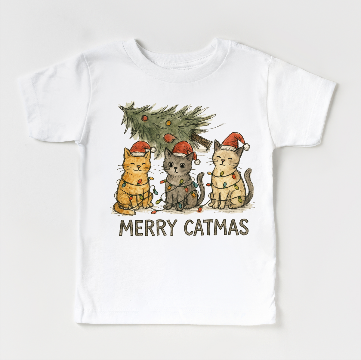 Merry Catmas Kitty Cat Christmas Tree design on a white garment.
