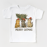 Merry Catmas Kitty Cat Christmas Tree design on a white garment.