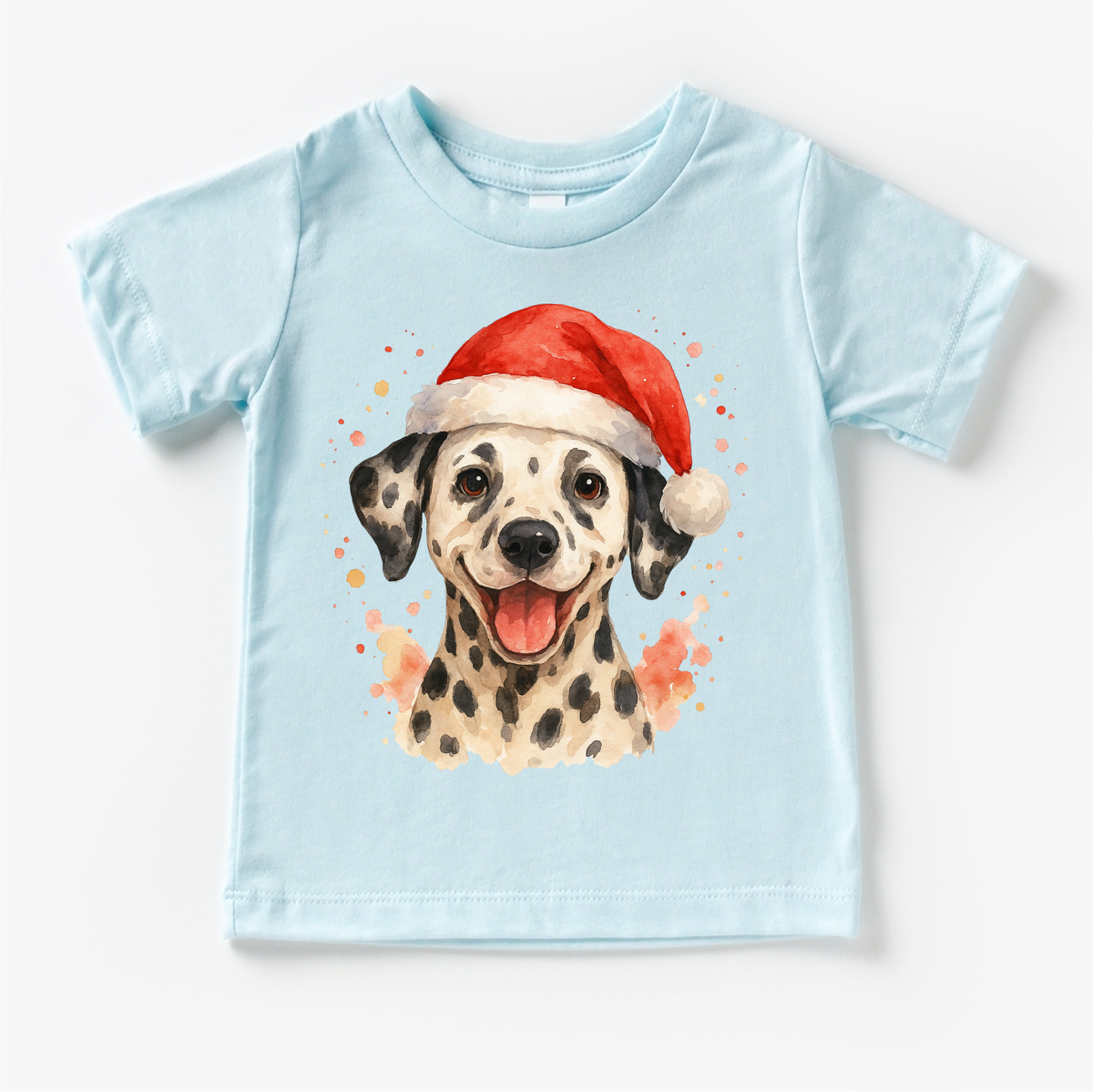 Christmas Dalmatian Dog design on a blue garment.