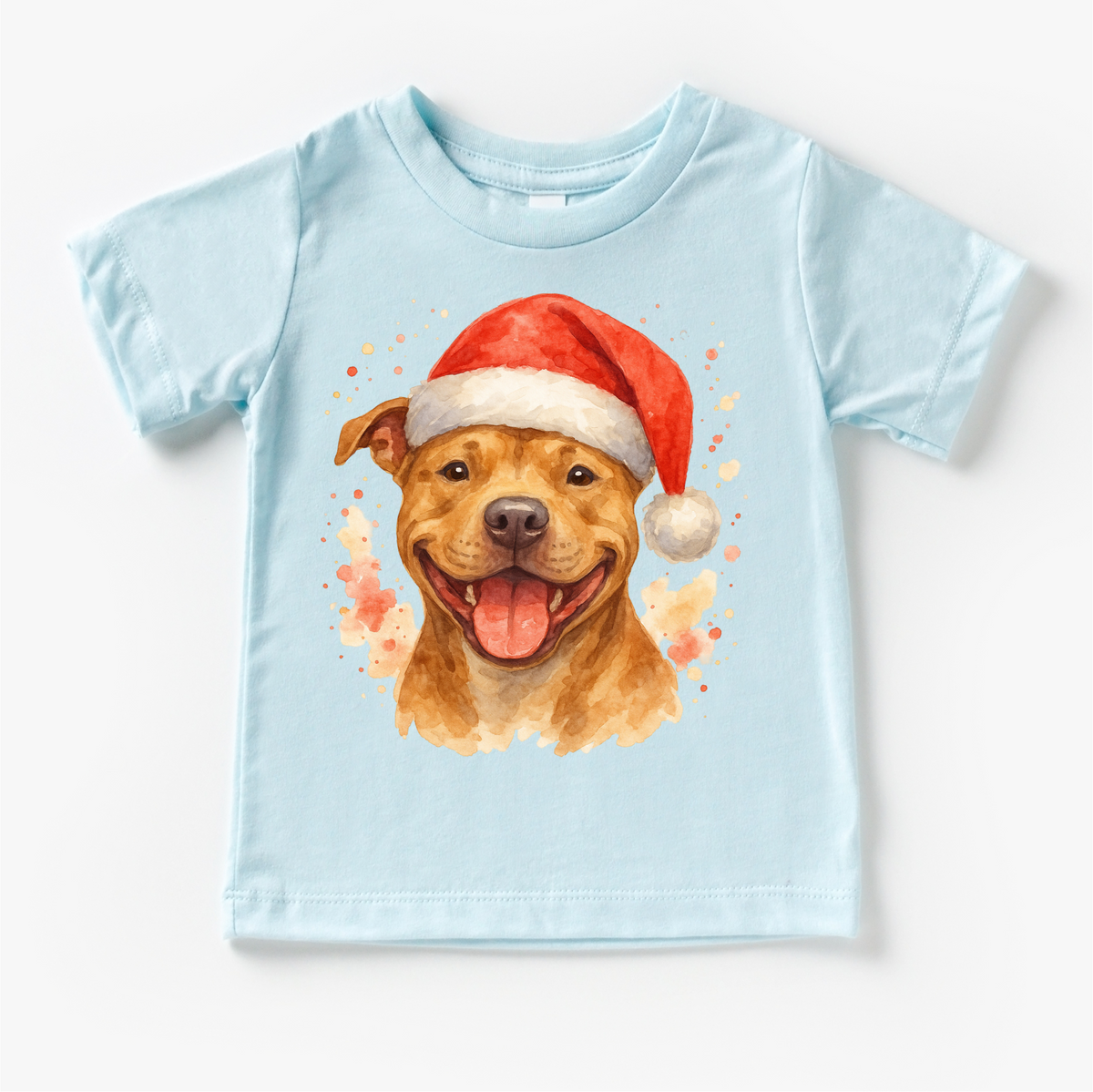 Christmas Pitbull Santa Dog design on a blue garment.