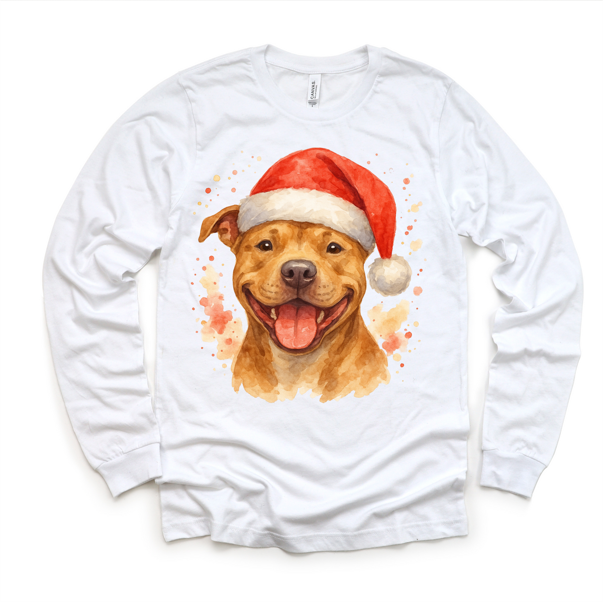 Christmas Pitbull Santa Dog design on a long sleeve shirt.