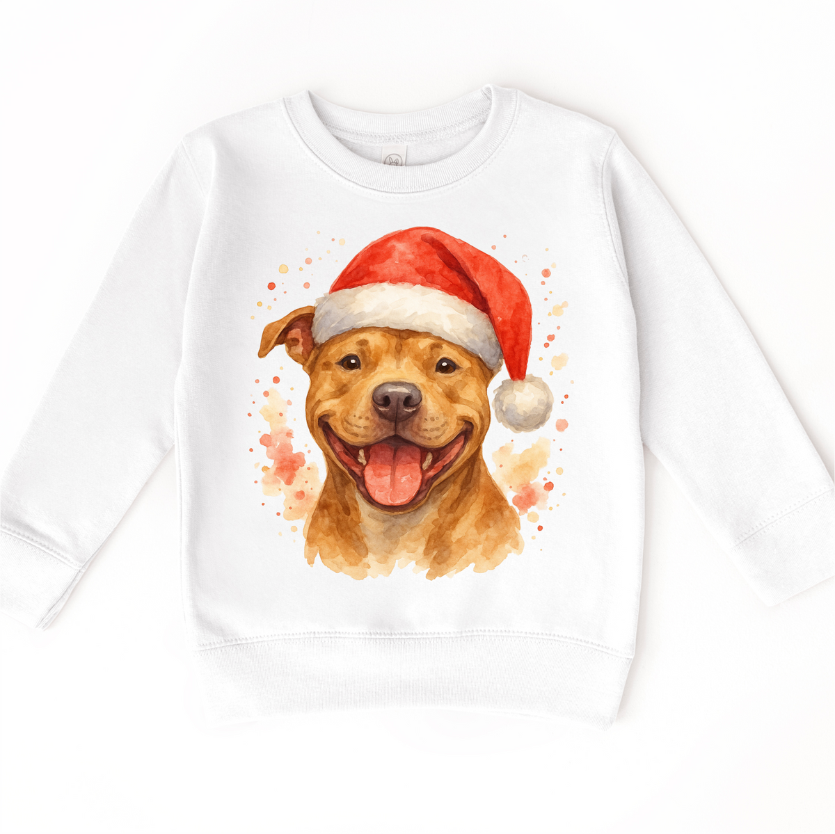 Christmas Pitbull Santa Dog design on a white sweatshirt.