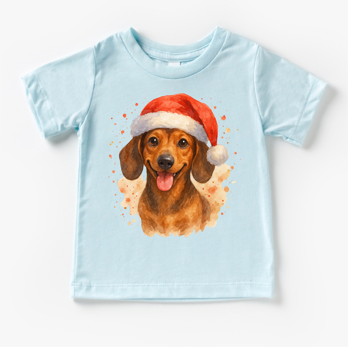 Christmas Dachshund Santa Dog design on a blue garment.