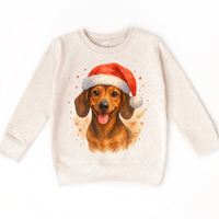 Christmas Dachshund Santa Dog design on a natural sweatshirt.