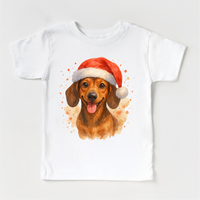 Christmas Dachshund Santa Dog design on a white garment.