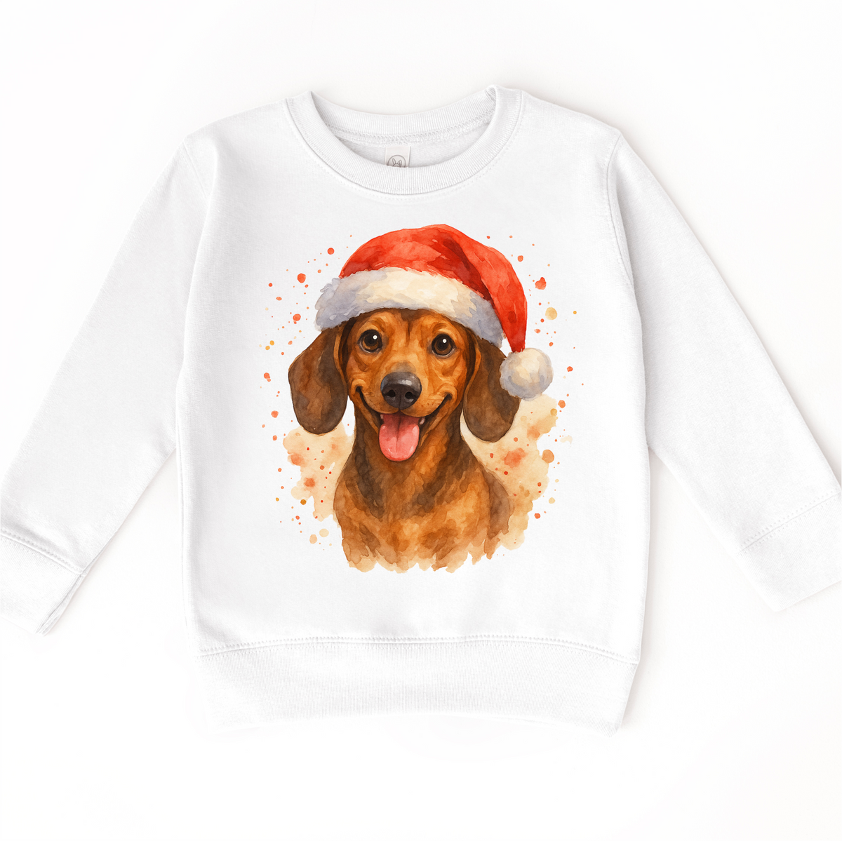 Christmas Dachshund Santa Dog design on a white sweatshirt.