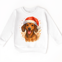 Christmas Dachshund Santa Dog design on a white sweatshirt.