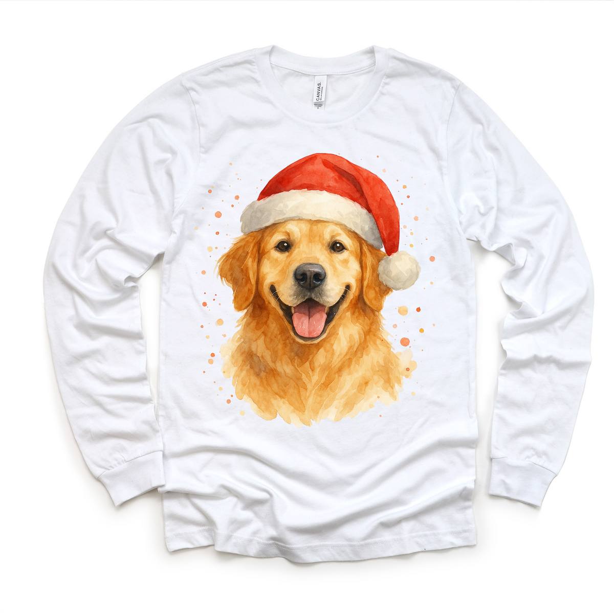 Christmas Golden Retriever Santa Dog design on a long sleeve shirt.
