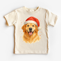 Christmas Golden Retriever Santa Dog design on a natural garment.