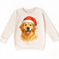 Christmas Golden Retriever Santa Dog design on a natural sweatshirt.