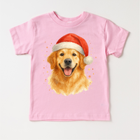 Christmas Golden Retriever Santa Dog design on a pink garment.