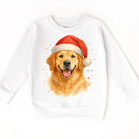 Christmas Golden Retriever Santa Dog design on a white sweatshirt.