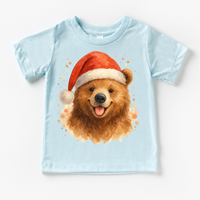 Christmas Honey Bear Santa design on a blue garment.