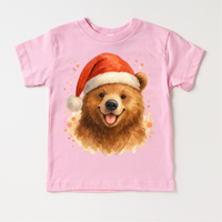 Christmas Honey Bear Santa design on a pink garment.