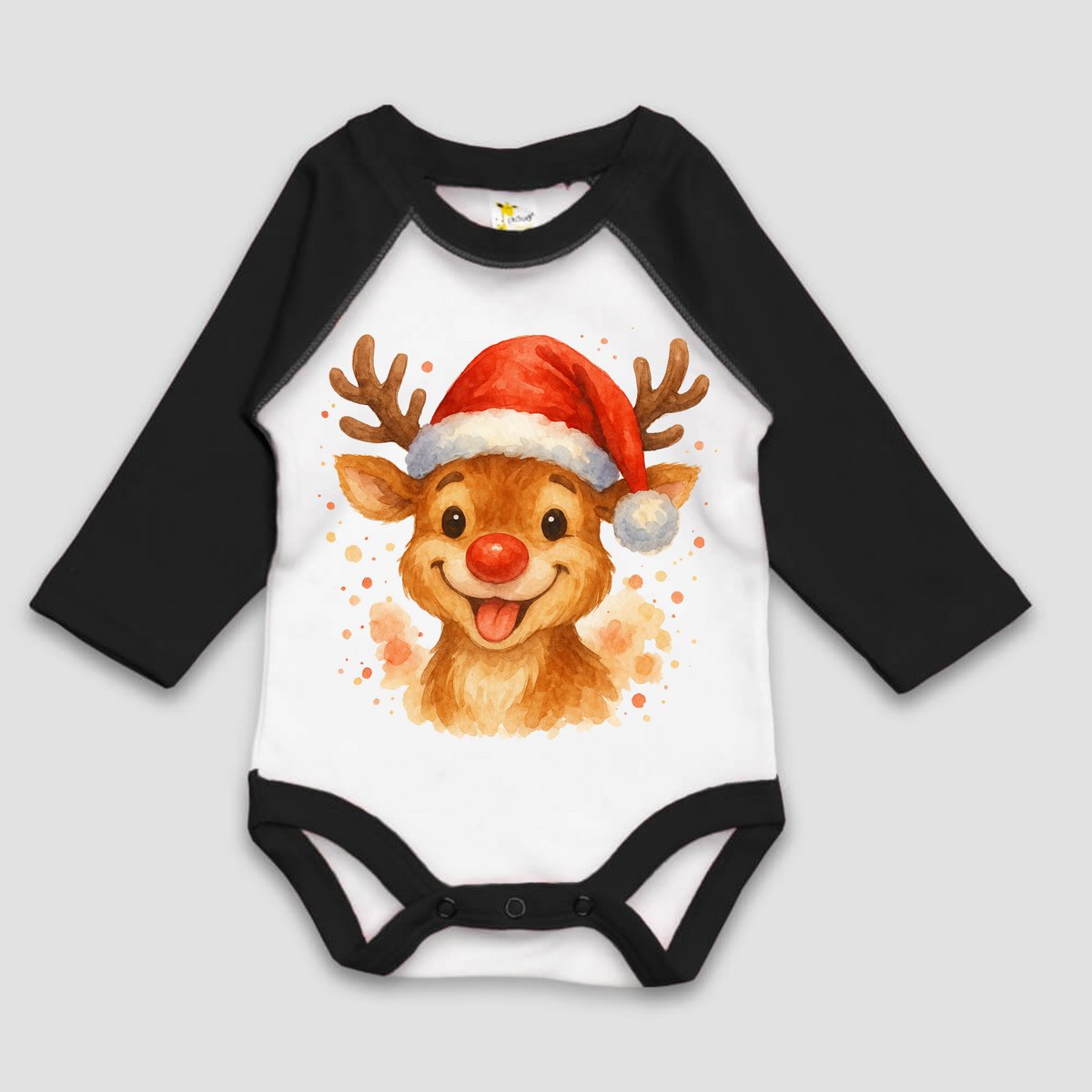 Rudolph The Reindeer Christmas Long Sleeve Onesie design on a black baby bodysuit.
