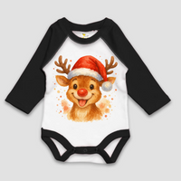 Rudolph The Reindeer Christmas Long Sleeve Onesie design on a black baby bodysuit.