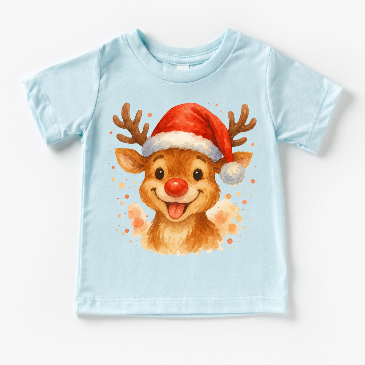 Christmas Rudolph The Reindeer Santa design on a blue garment.