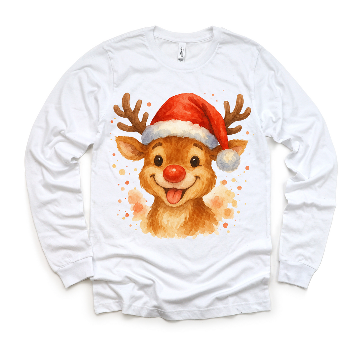 Christmas Rudolph The Reindeer Santa design on a long sleeve shirt.